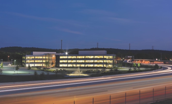 commercial building at night with long exposure lighting effects