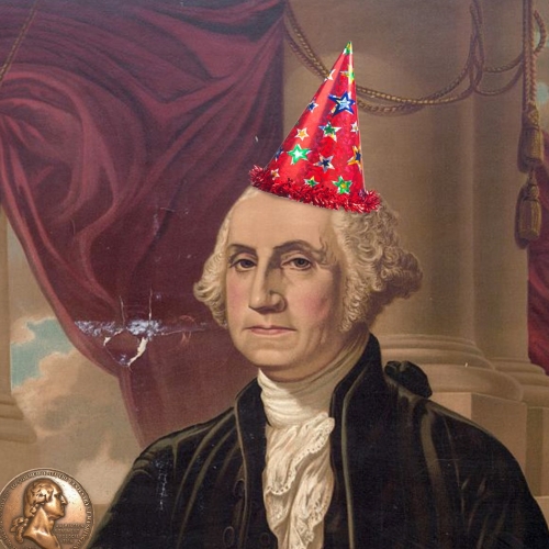 painting of george washington with a party hat on the top of his head