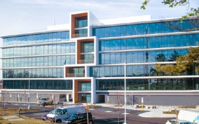 corporate office building and parking lot