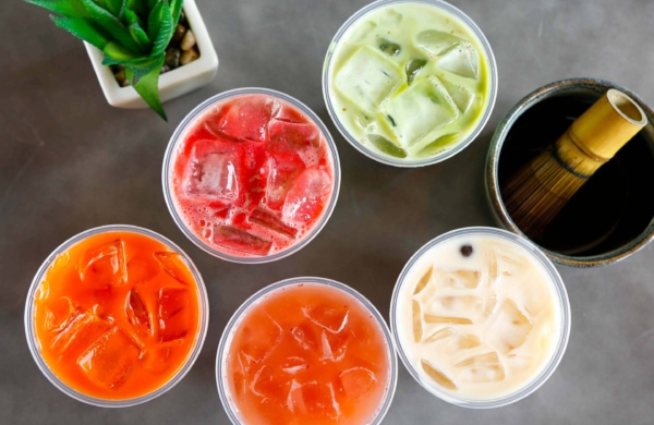 aerial view of cups of bubble tea