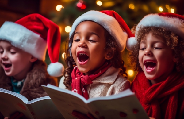 three children wearing santa hats, singing